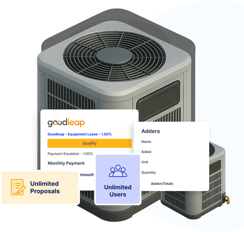 SubcontractorHub HVAC proposal software: a condenser unit with unlimited proposals, unlimited users, equipment adders and GoodLeap financing shown on screen